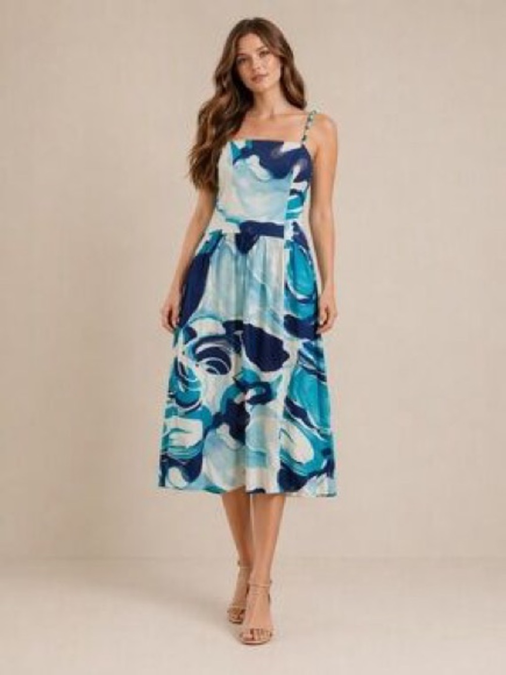 Christian Lacroix Blue Abstract Print Linen Rayon Midi Dress NWT